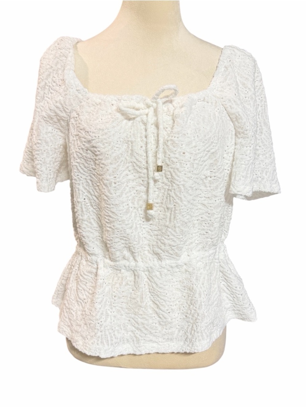 Michael Kors White Textured Tie-Neck Peplum Top